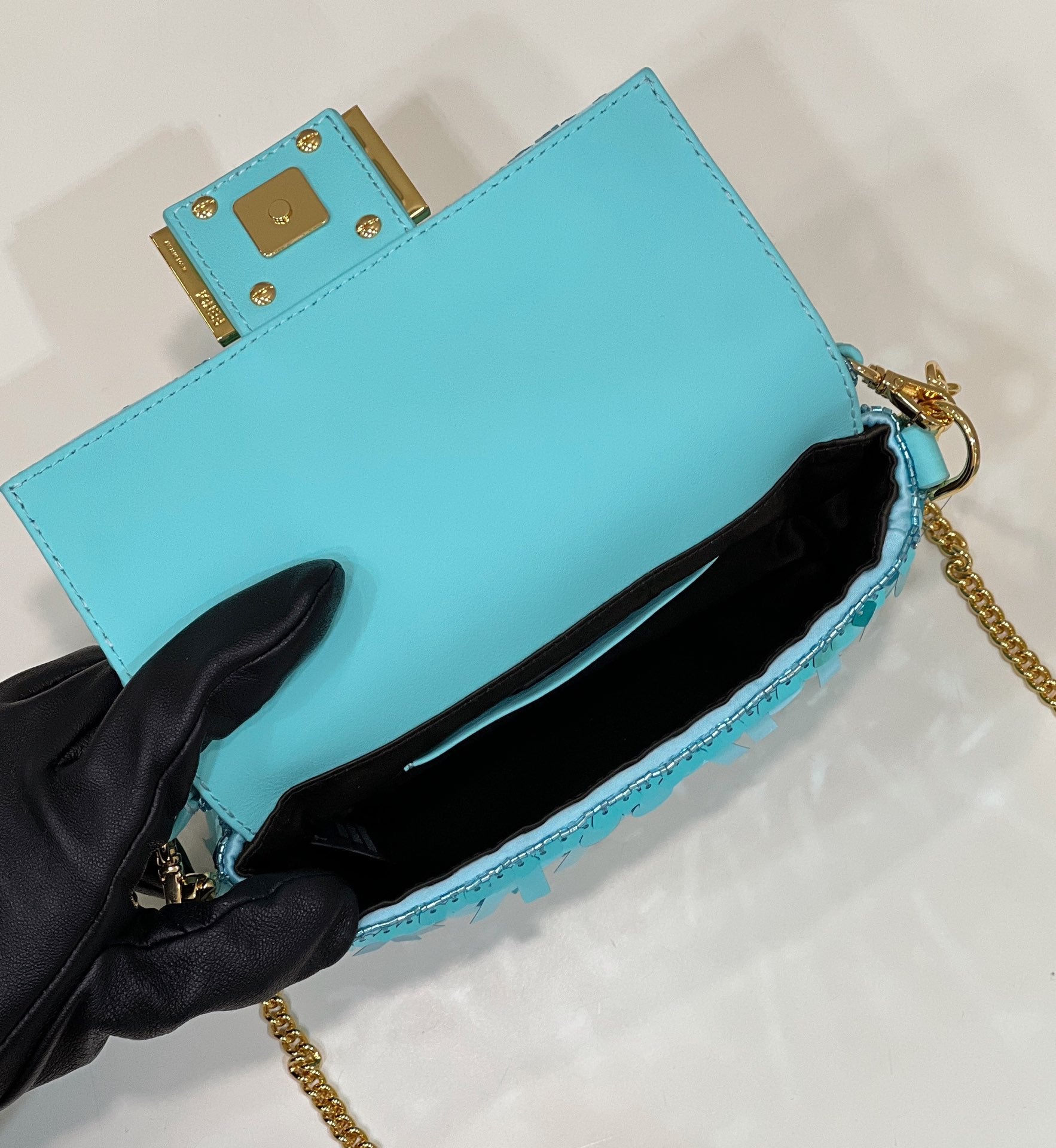 BAGUETTE MINI 19 IN BRIGHT TURQUOISE SEQUINS GOLD HARDWARE mysite