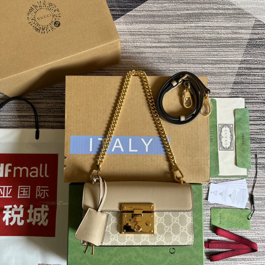 PADLOCK 22 SMALL GG SHOULDER BAG IN BEIGE CALFSKIN AND CANVAS mysite