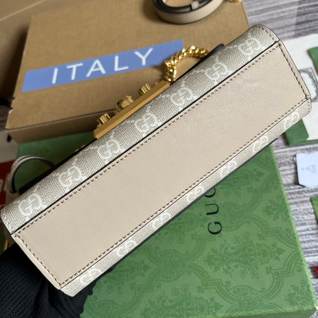 PADLOCK 22 SMALL GG SHOULDER BAG IN BEIGE CALFSKIN AND CANVAS mysite