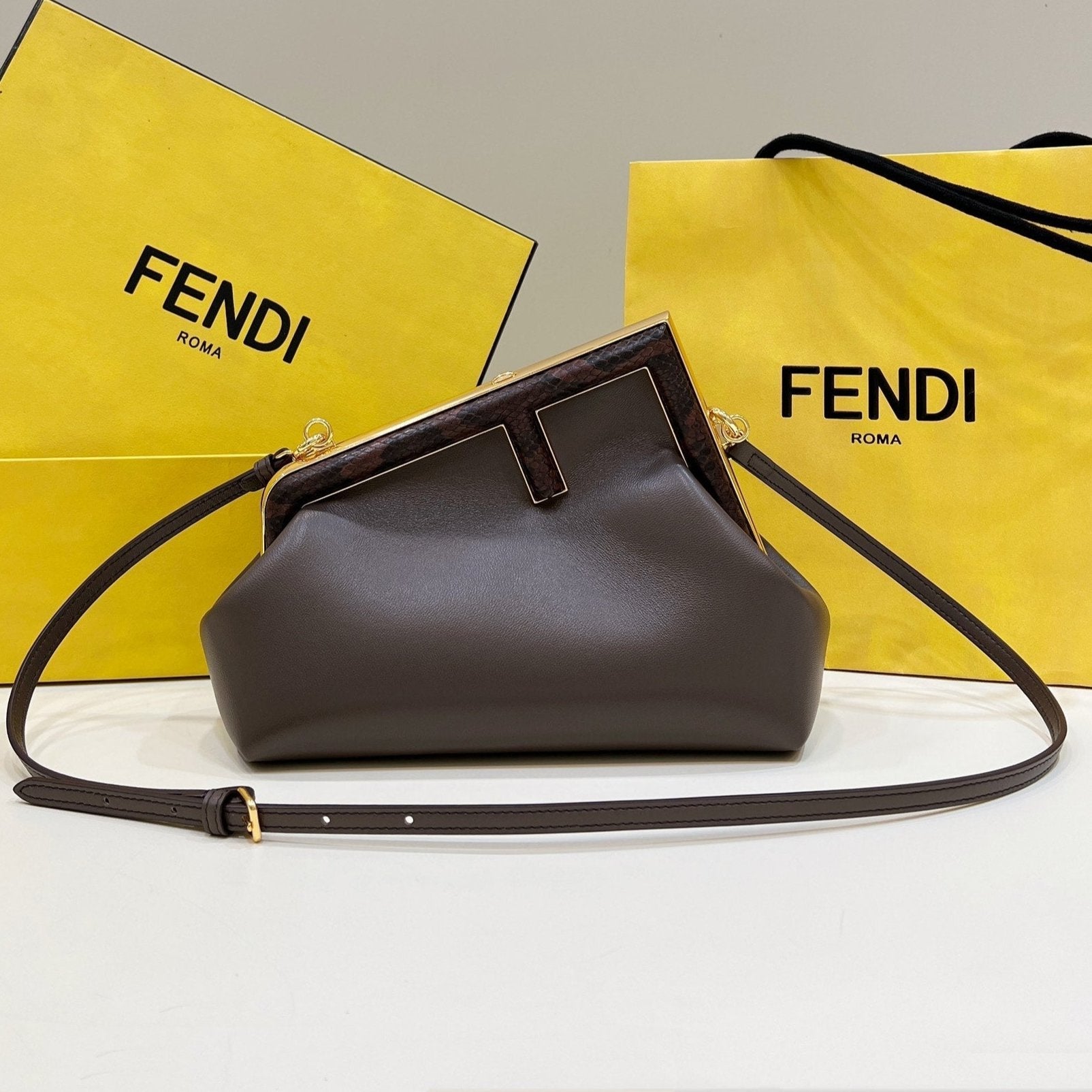 FENDI FIRST MEDIUM 26 BAG IN CHOCOLATE BROWN CALFSKIN WITH GOLD HARDWARE mysite