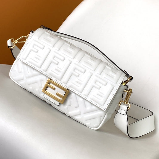 Fend Baguette 27 Bag With FF Motif White Leather Ghw mysite