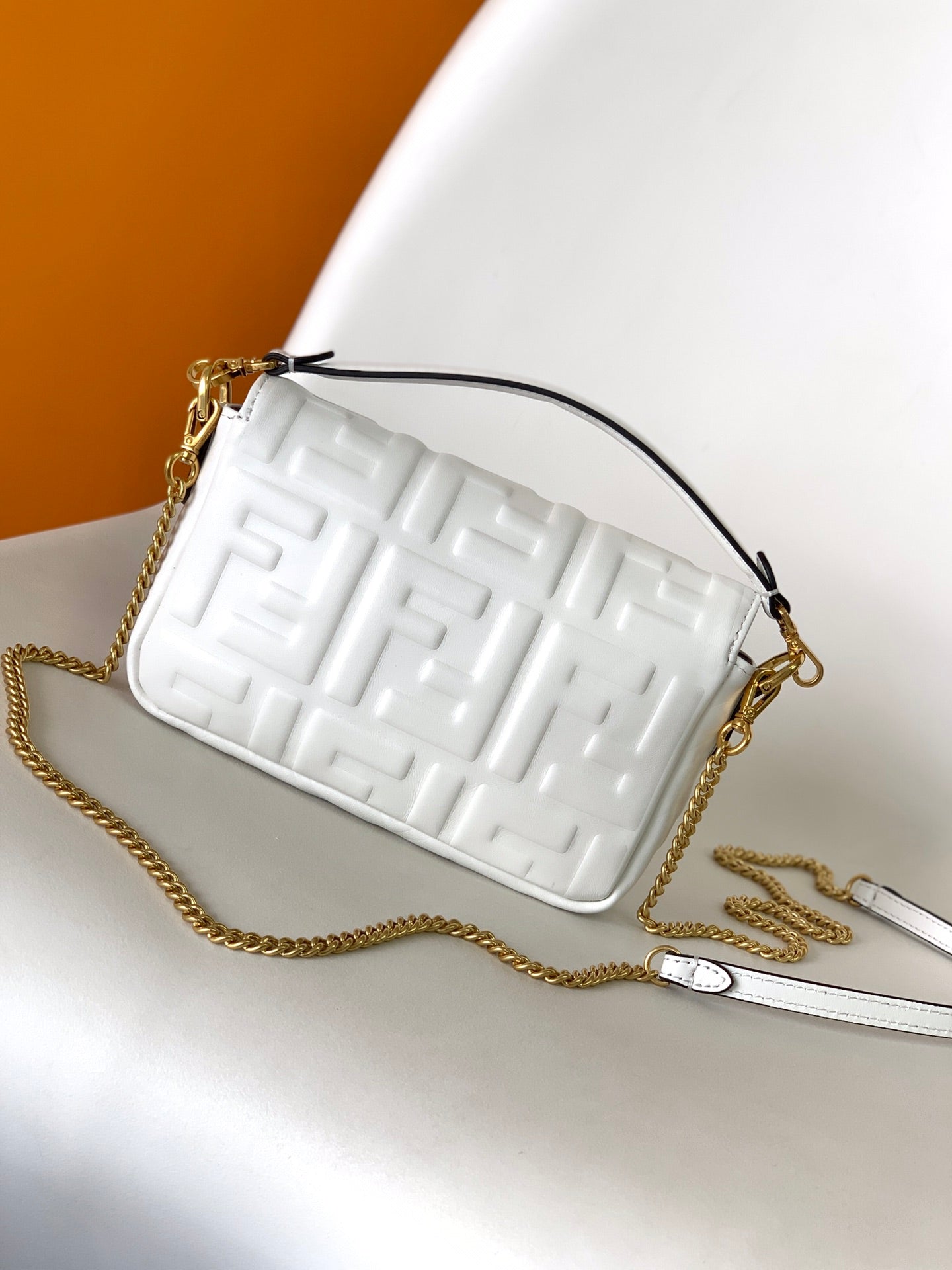 Mini Baguette Bag 20 With FF Motif White Leather Ghw mysite