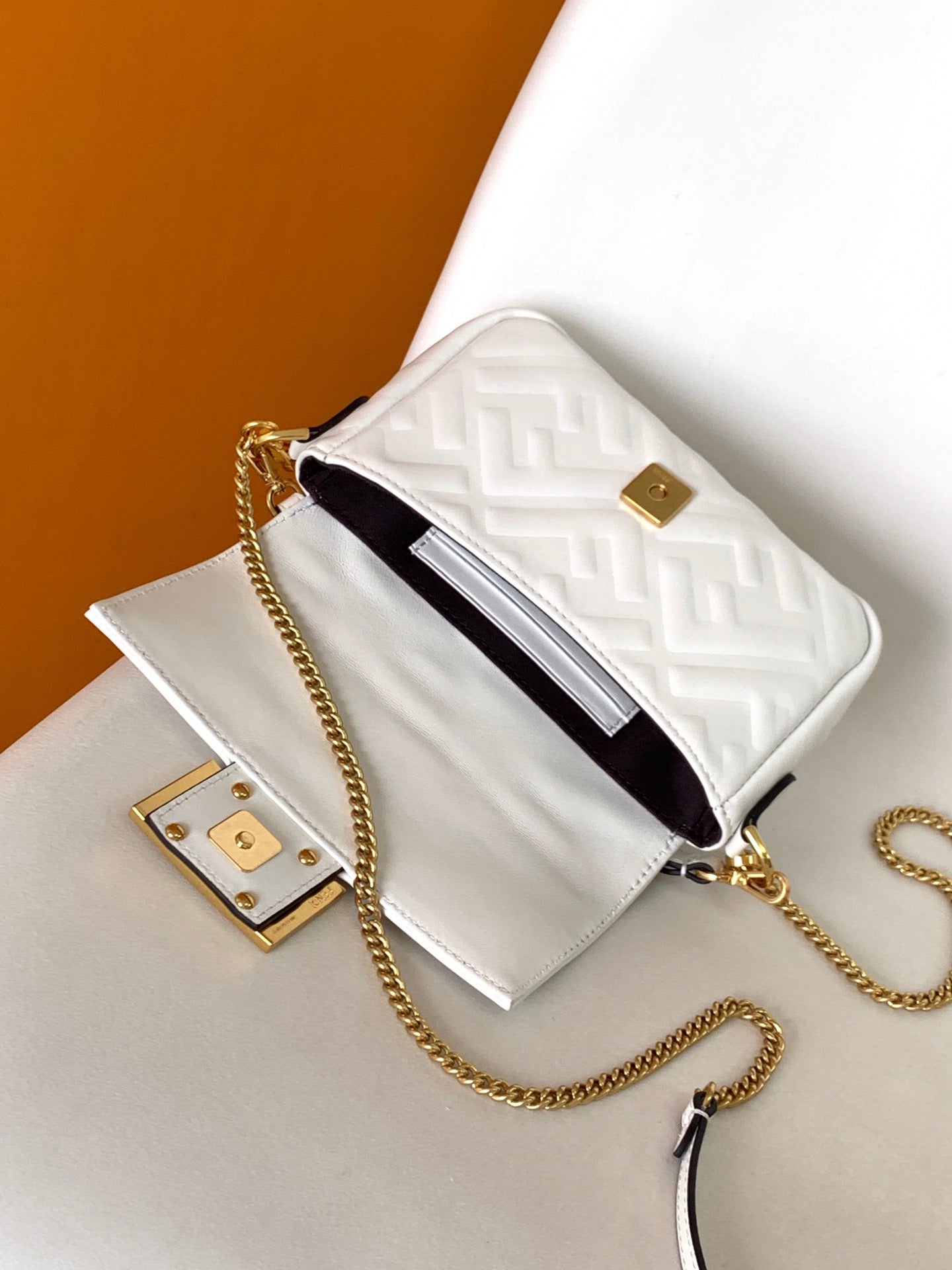 Mini Baguette Bag 20 With FF Motif White Leather Ghw mysite