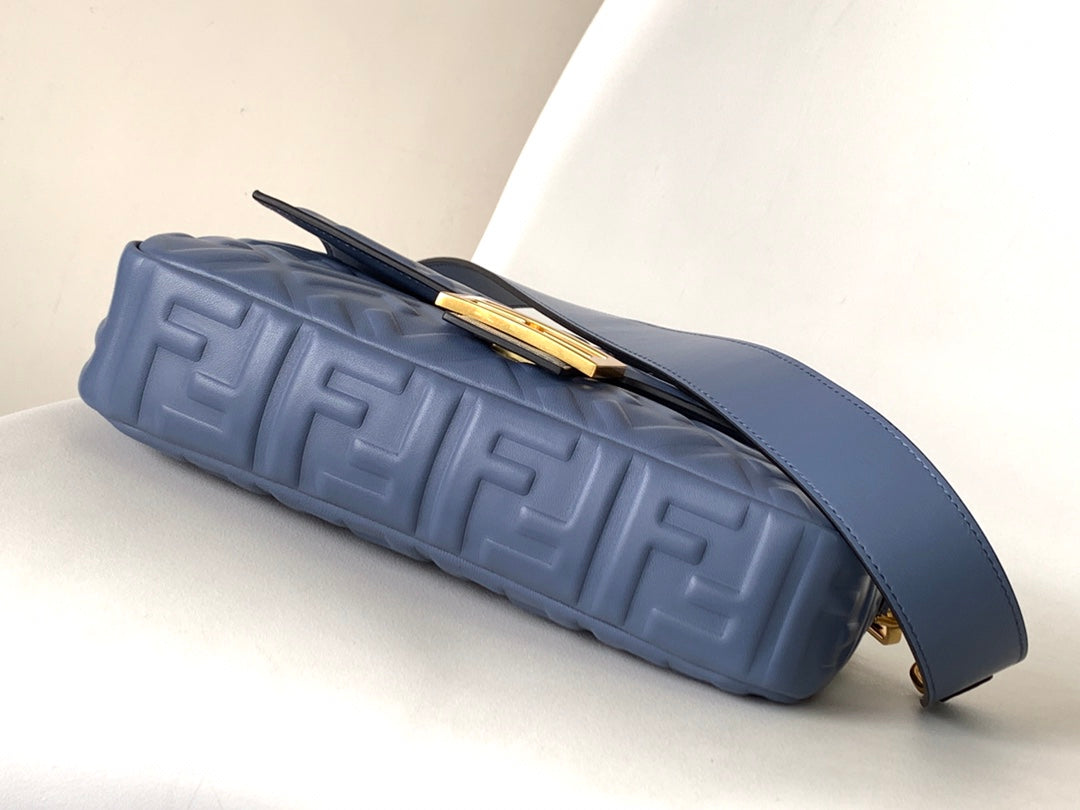 Fend Baguette 27 Bag With FF Motif Blue Leather Ghw mysite