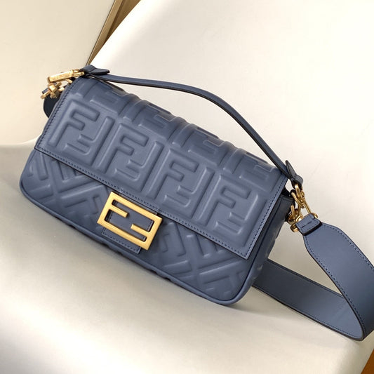 Fend Baguette 27 Bag With FF Motif Blue Leather Ghw mysite