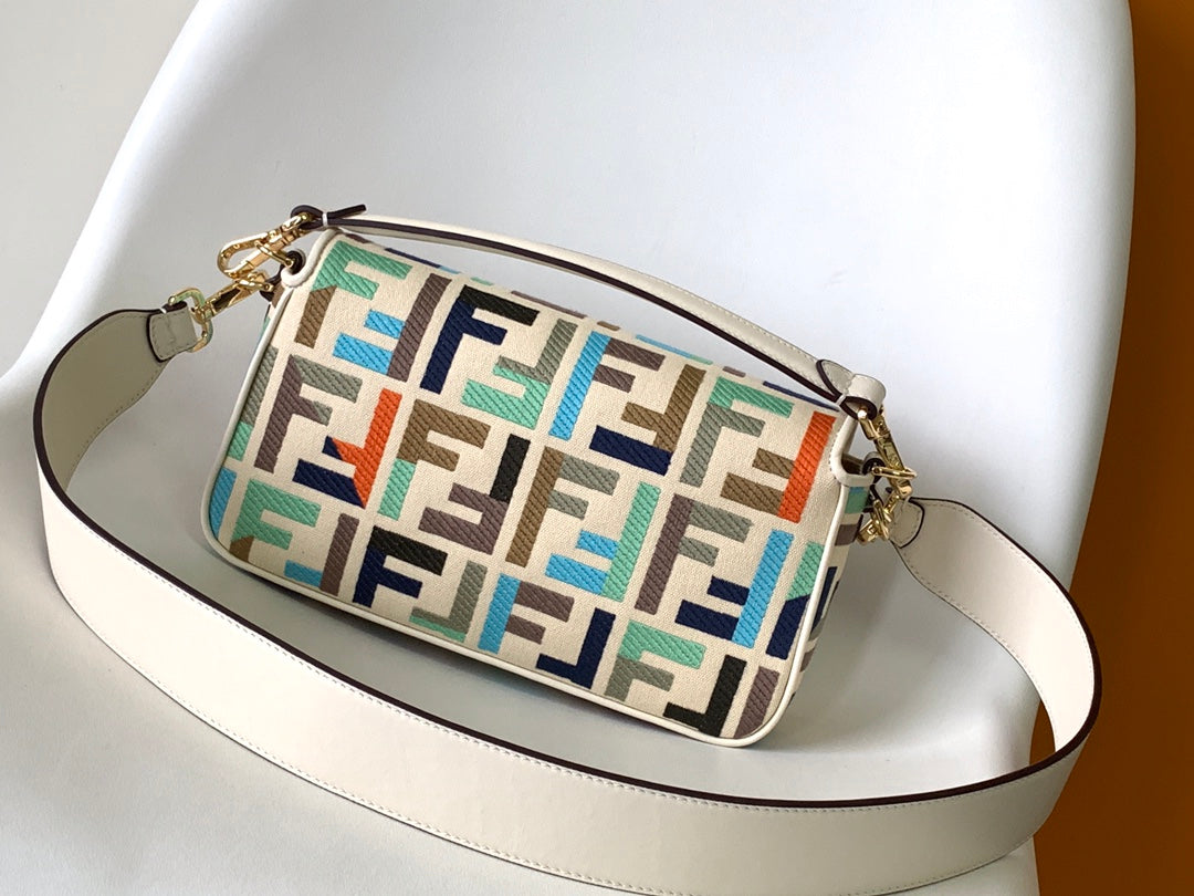 Fend Baguette White and Multicolour Canvas Bag 27 with FF Embroidery Ghw mysite