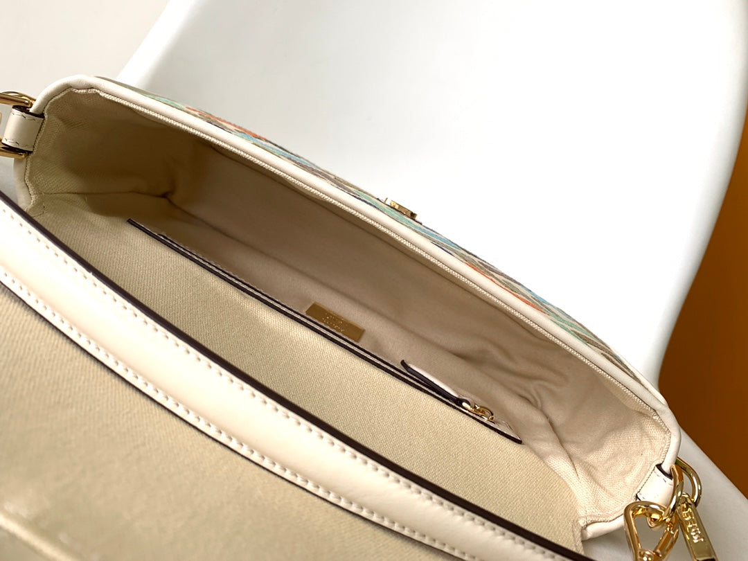 Fend Baguette White and Multicolour Canvas Bag 27 with FF Embroidery Ghw mysite