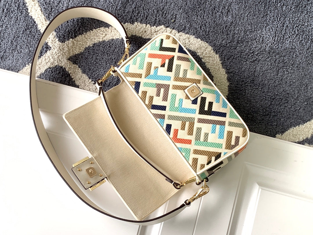Fend Baguette White and Multicolour Canvas Bag 27 with FF Embroidery Ghw mysite