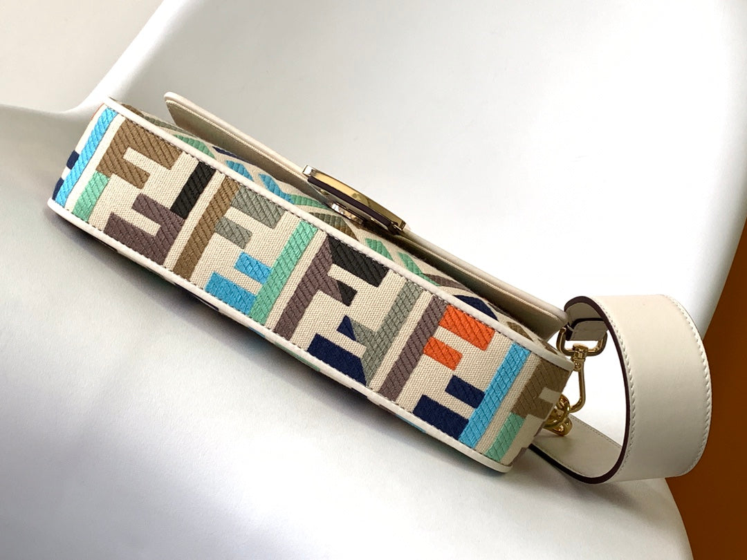 Fend Baguette White and Multicolour Canvas Bag 27 with FF Embroidery Ghw mysite