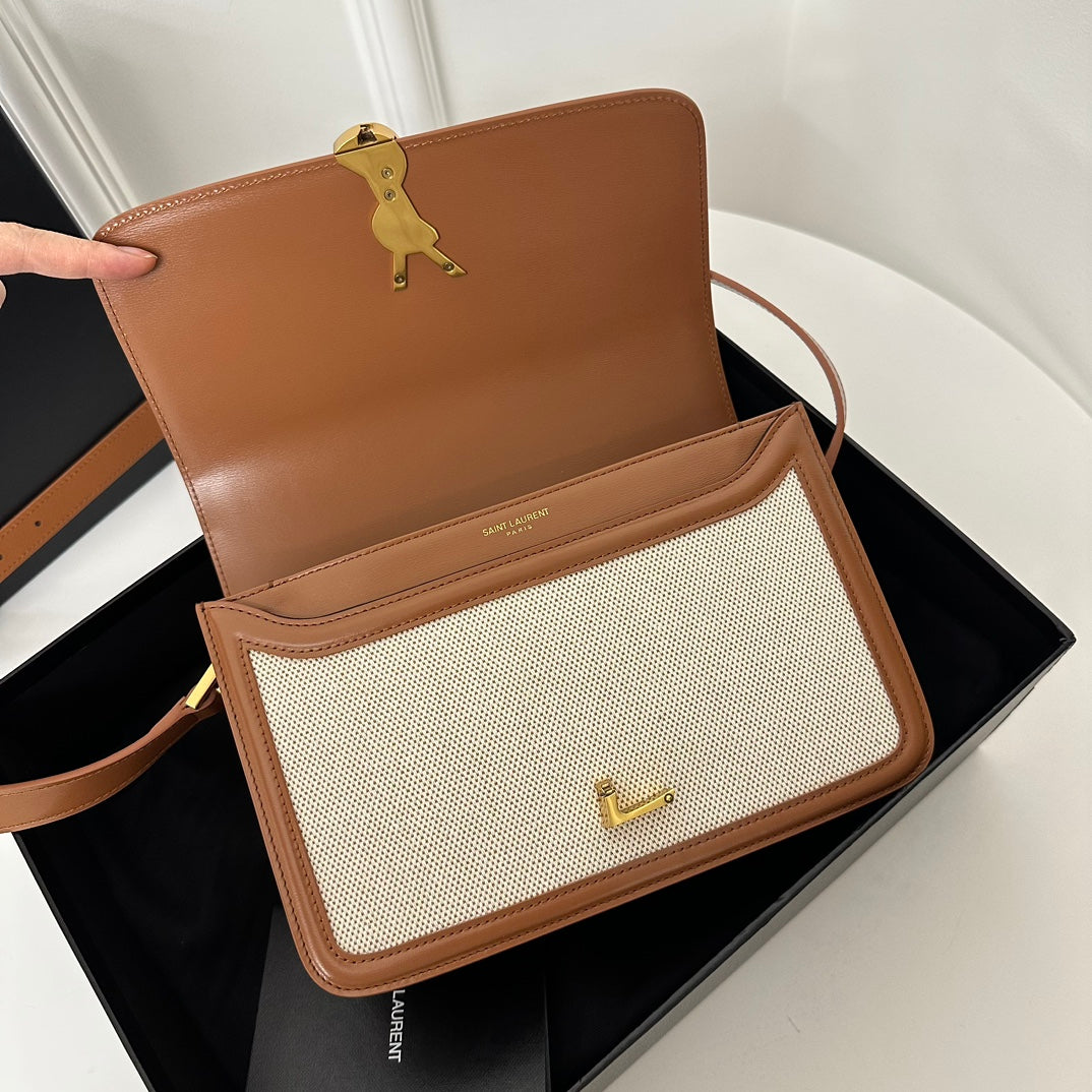 YSL Solferino Small Satchel Bag Brown Beige Gold Calfskin Canvas 339479 mysite
