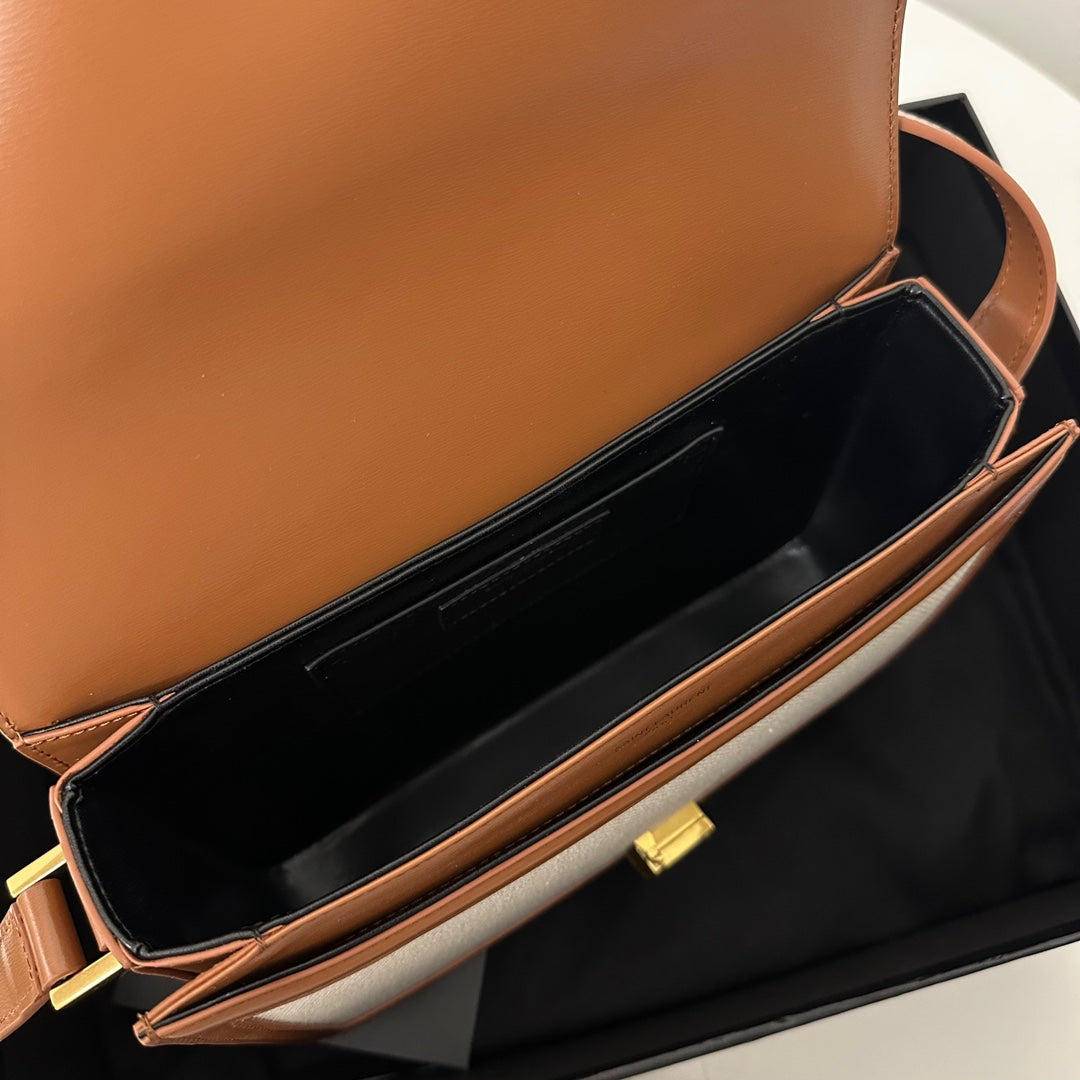 YSL Solferino Small Satchel Bag Brown Beige Gold Calfskin Canvas 339479 mysite