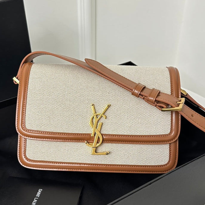 YSL Solferino Small Satchel Bag Brown Beige Gold Calfskin Canvas 339479 mysite