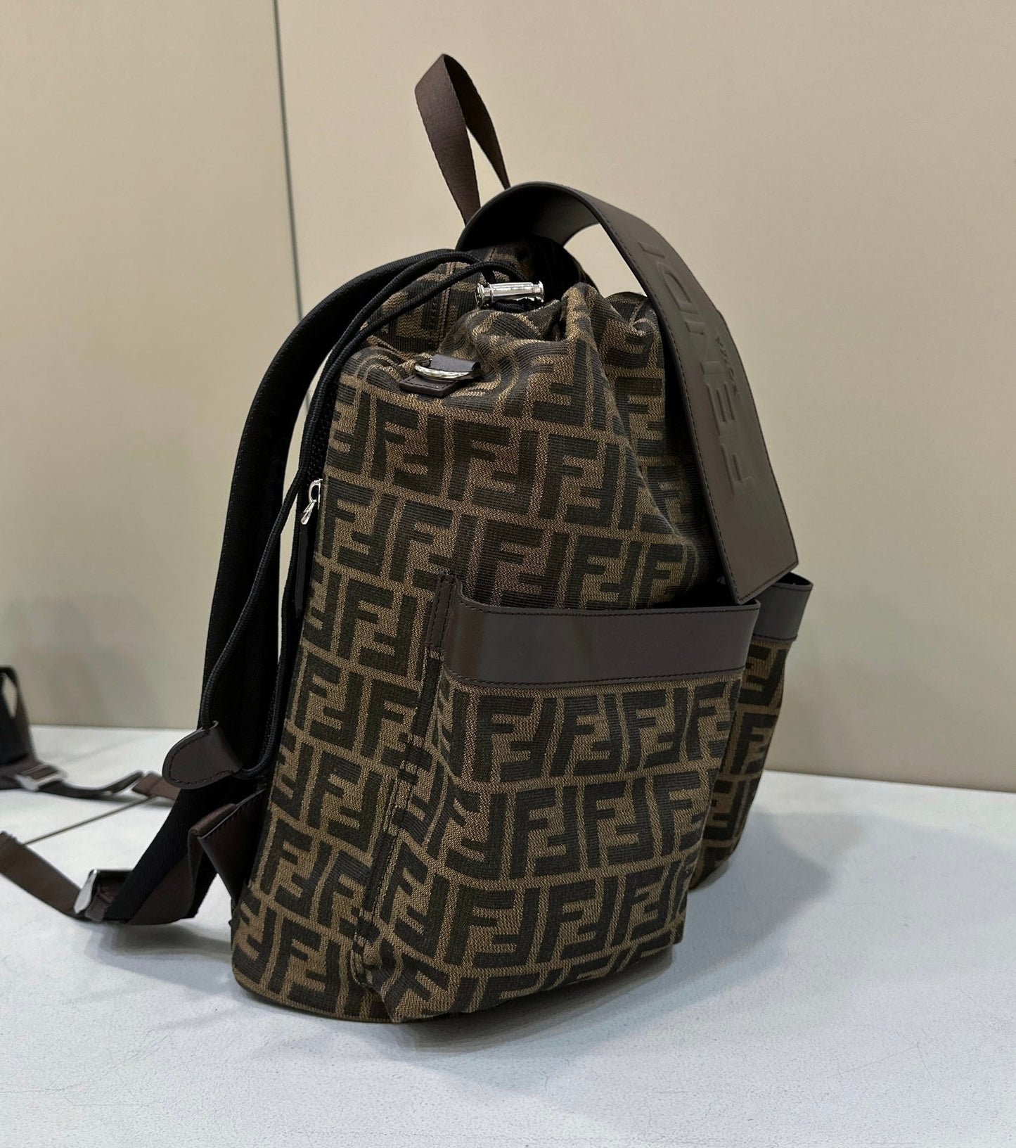 FENDI STRIKE 41 MEDIUM FF MOCHA BROWN JACQUARD FABRIC BACKPACK mysite