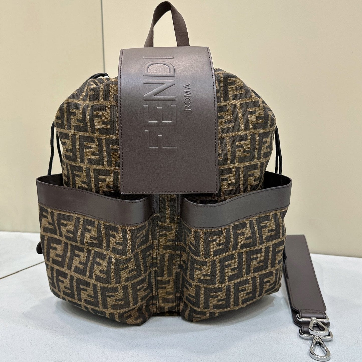 FENDI STRIKE 41 MEDIUM FF MOCHA BROWN JACQUARD FABRIC BACKPACK mysite