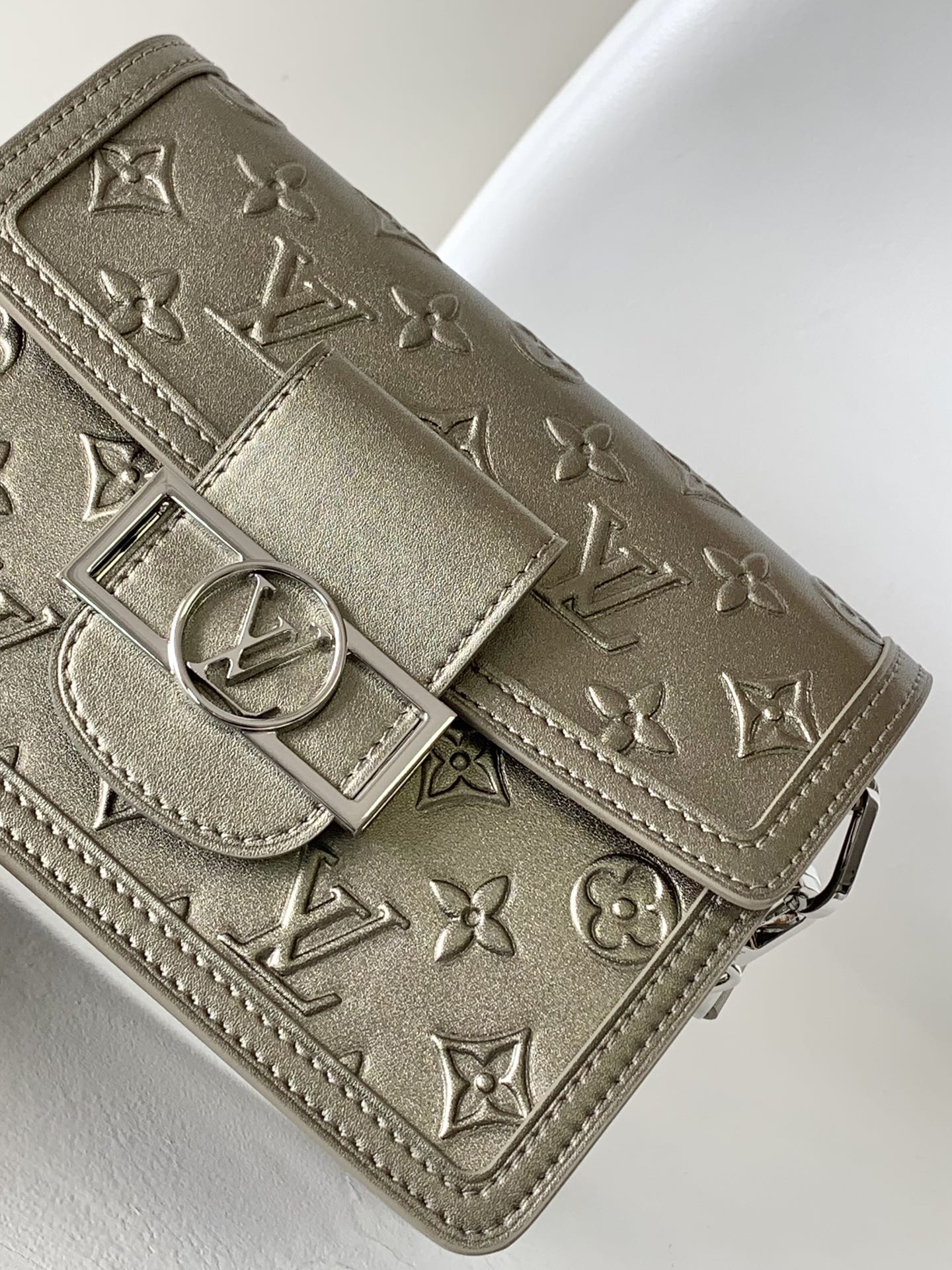 LV Dauphine Bag 20cm Metallic Sliver Monogram Embossed Cafskin mysite