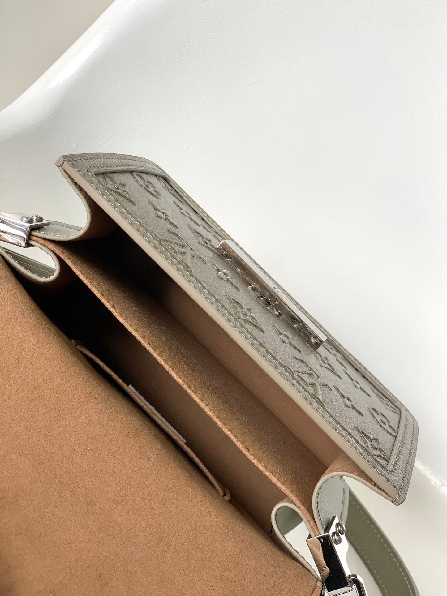 LV Dauphine Bag 20cm Metallic Sliver Monogram Embossed Cafskin mysite