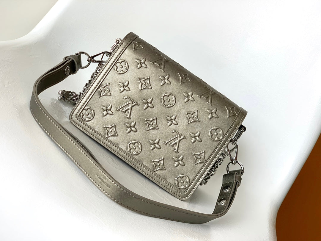 LV Dauphine Bag 20cm Metallic Sliver Monogram Embossed Cafskin mysite