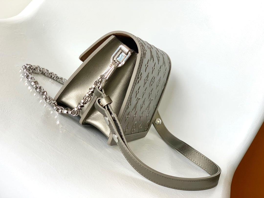 LV Dauphine Bag 20cm Metallic Sliver Monogram Embossed Cafskin mysite