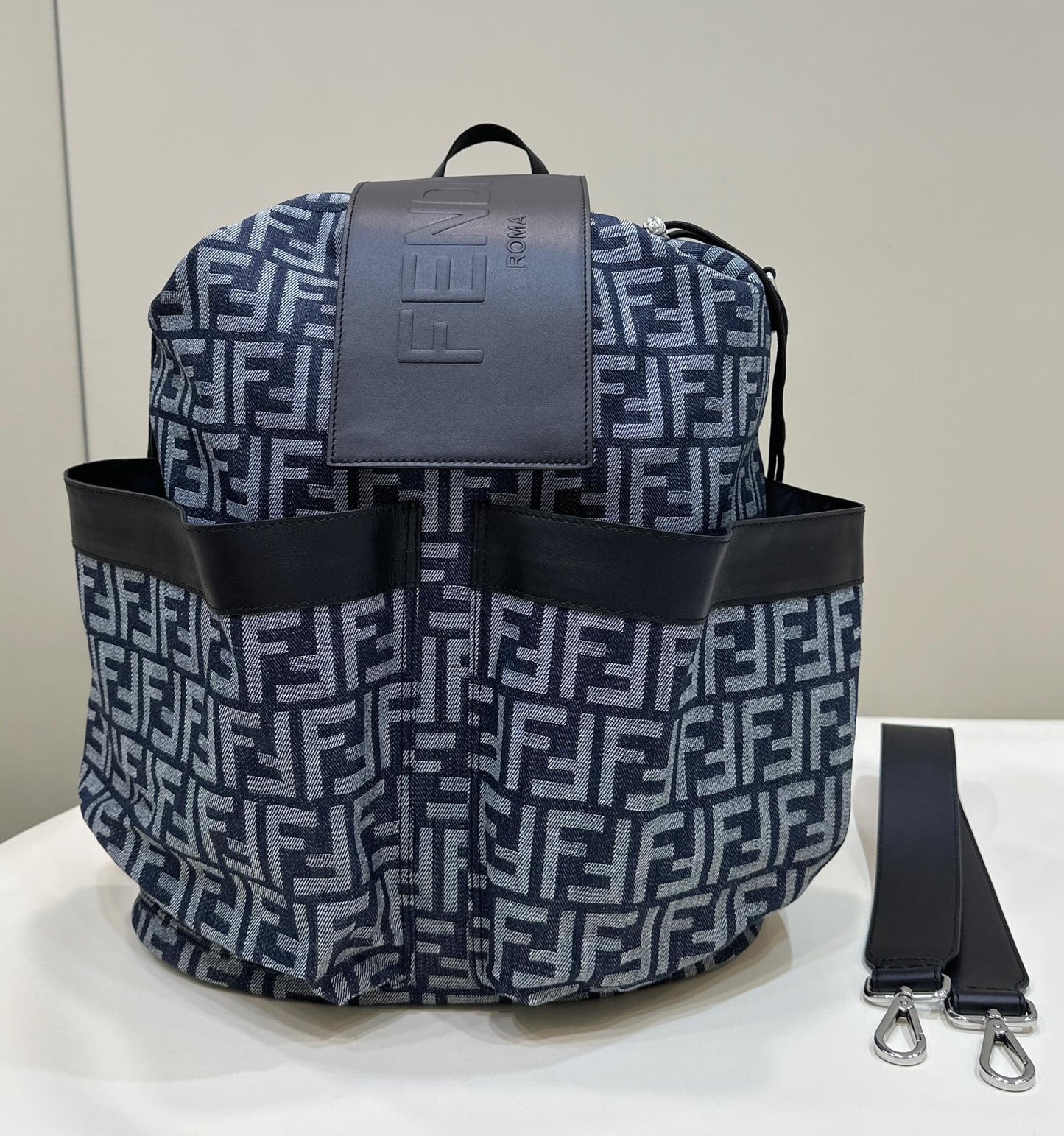FENDI STRIKE LARGE 46 FF MIDNIGHT BLUE JACQUARD FABRIC BACKPACK mysite
