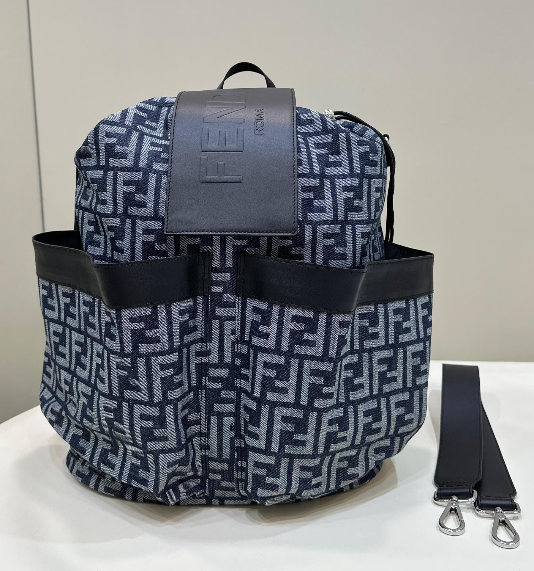 FENDI STRIKE LARGE 46 FF MIDNIGHT BLUE JACQUARD FABRIC BACKPACK mysite