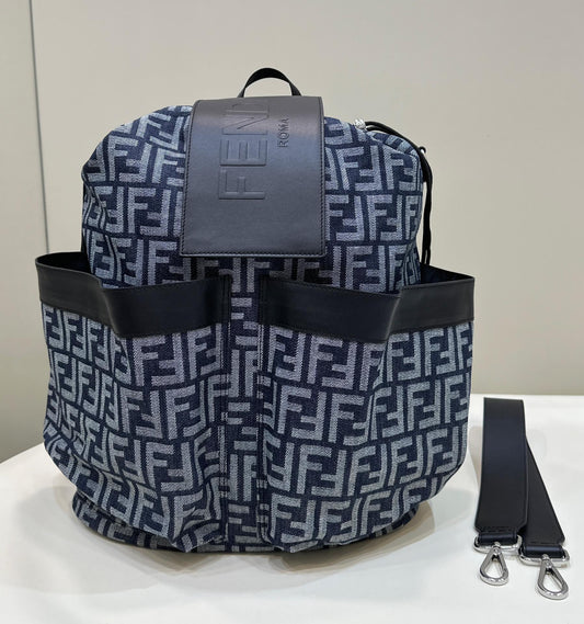 FENDI STRIKE LARGE 46 FF MIDNIGHT BLUE JACQUARD FABRIC BACKPACK mysite