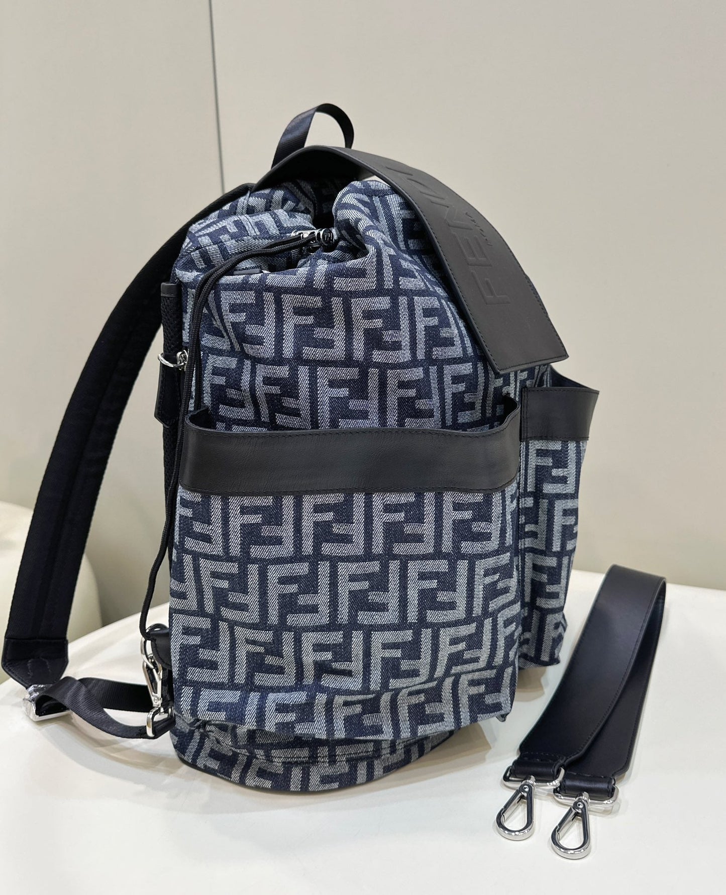 FENDI STRIKE LARGE 46 FF MIDNIGHT BLUE JACQUARD FABRIC BACKPACK mysite