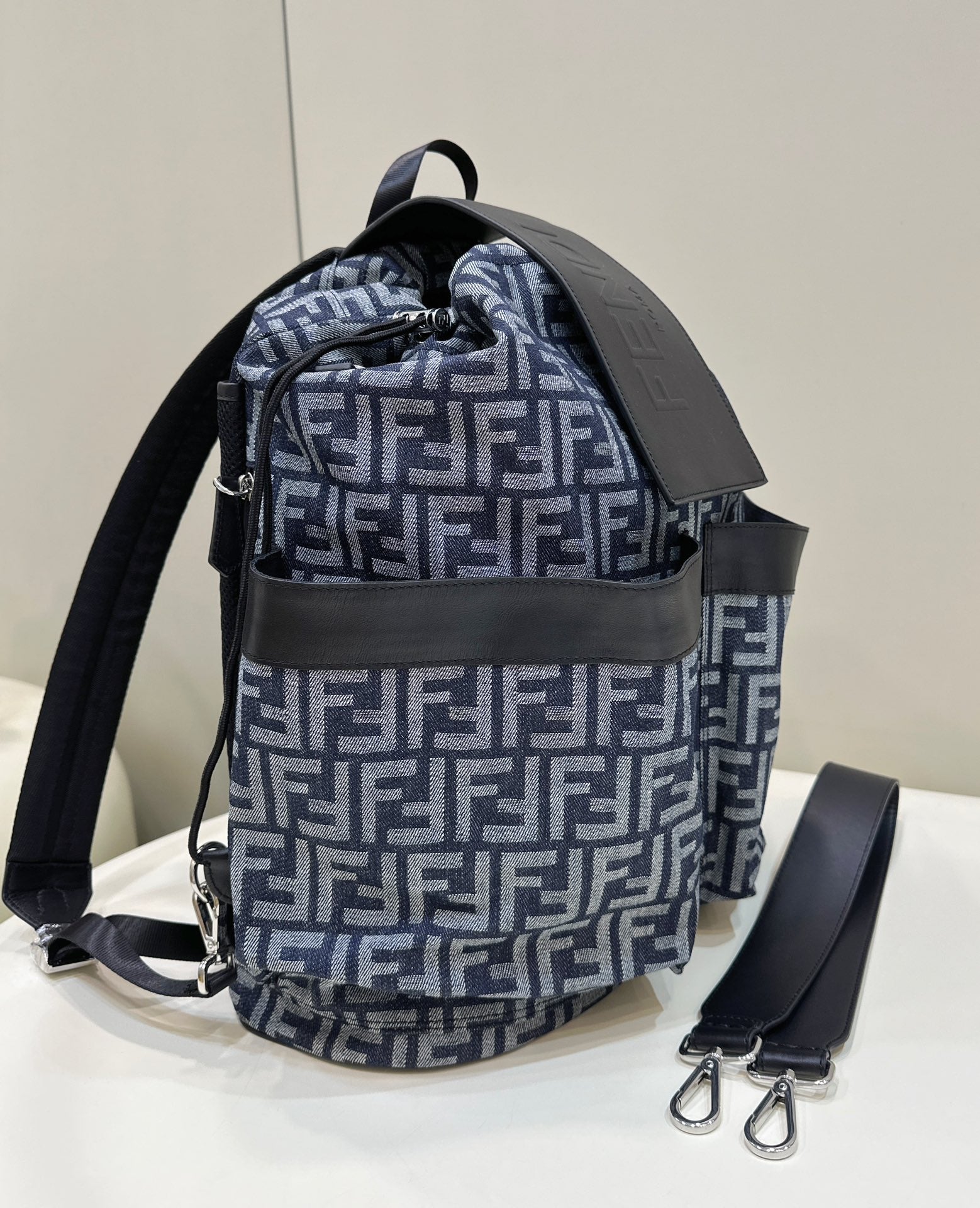 FENDI STRIKE LARGE 46 FF MIDNIGHT BLUE JACQUARD FABRIC BACKPACK mysite