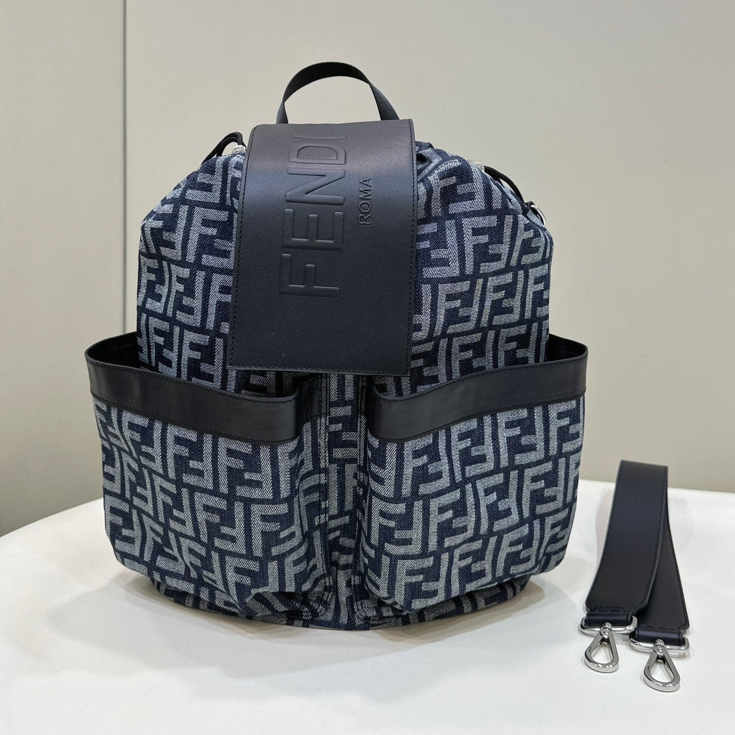 FENDI STRIKE 41 MEDIUM FF MIDNIGHT BLUE JACQUARD FABRIC BACKPACK mysite