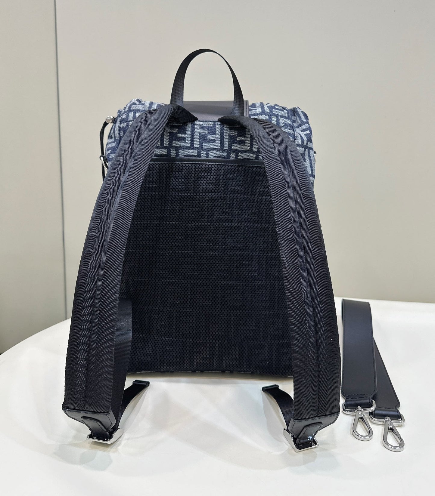 FENDI STRIKE 41 MEDIUM FF MIDNIGHT BLUE JACQUARD FABRIC BACKPACK mysite