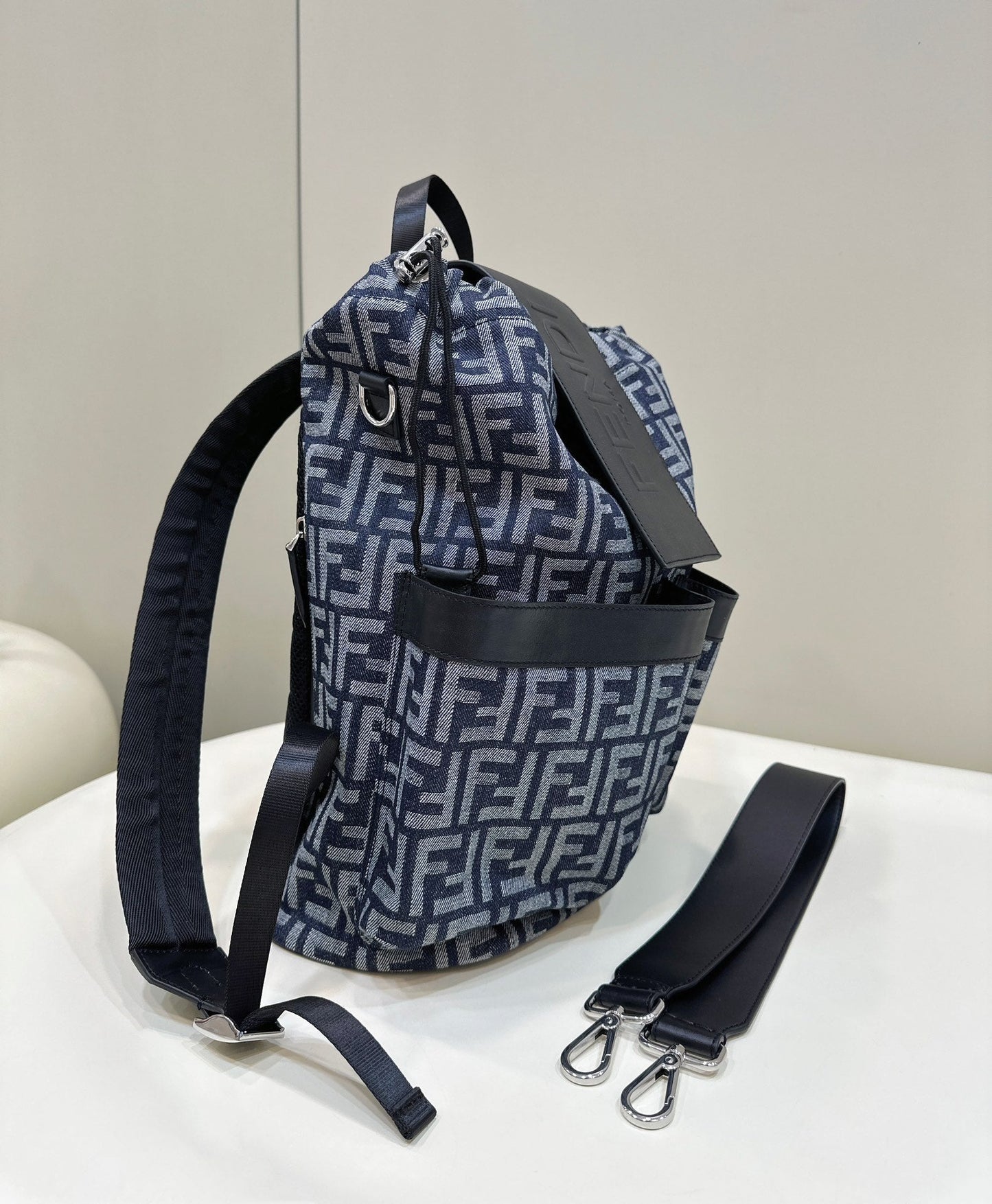 FENDI STRIKE 41 MEDIUM FF MIDNIGHT BLUE JACQUARD FABRIC BACKPACK mysite