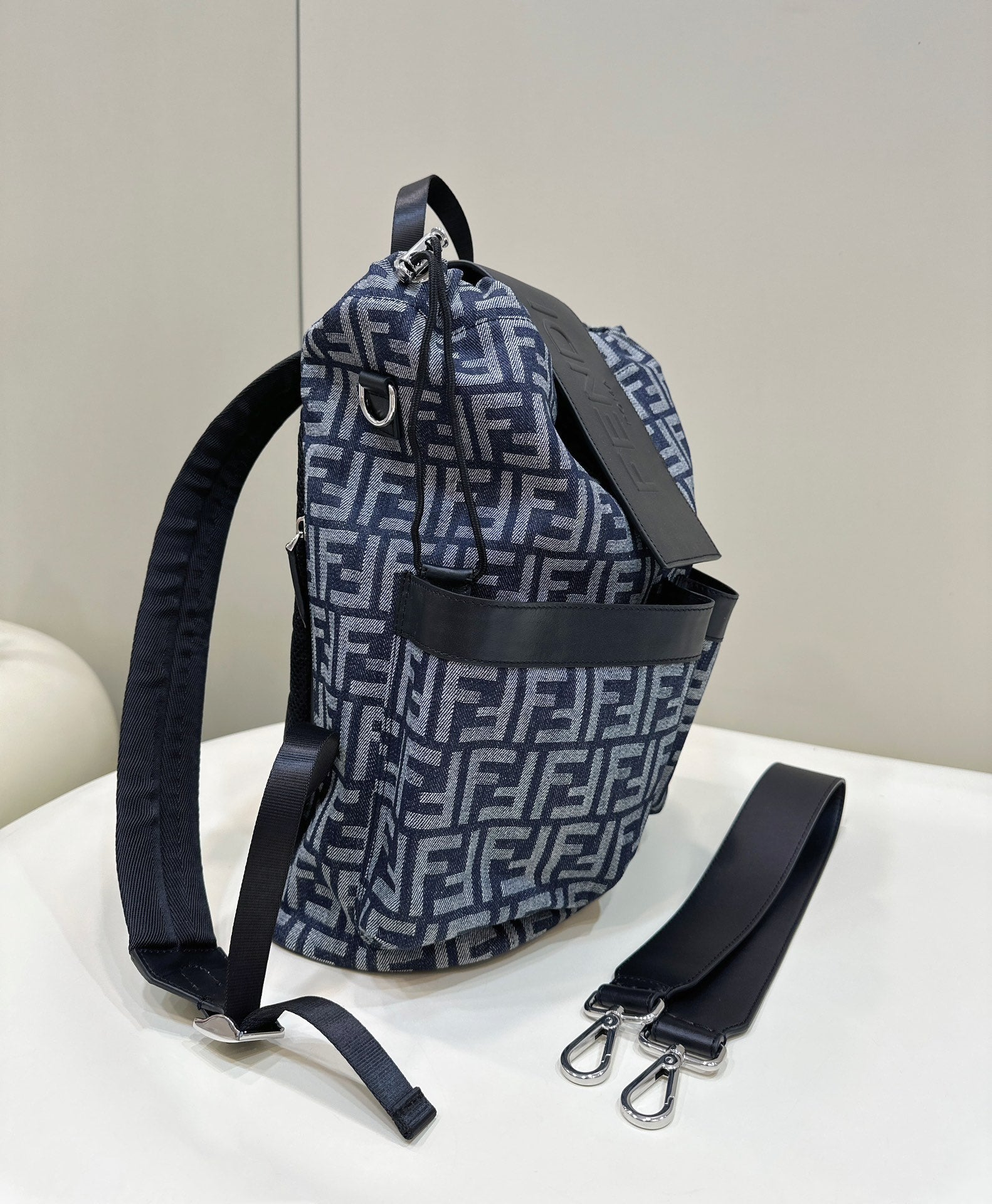 FENDI STRIKE 41 MEDIUM FF MIDNIGHT BLUE JACQUARD FABRIC BACKPACK mysite