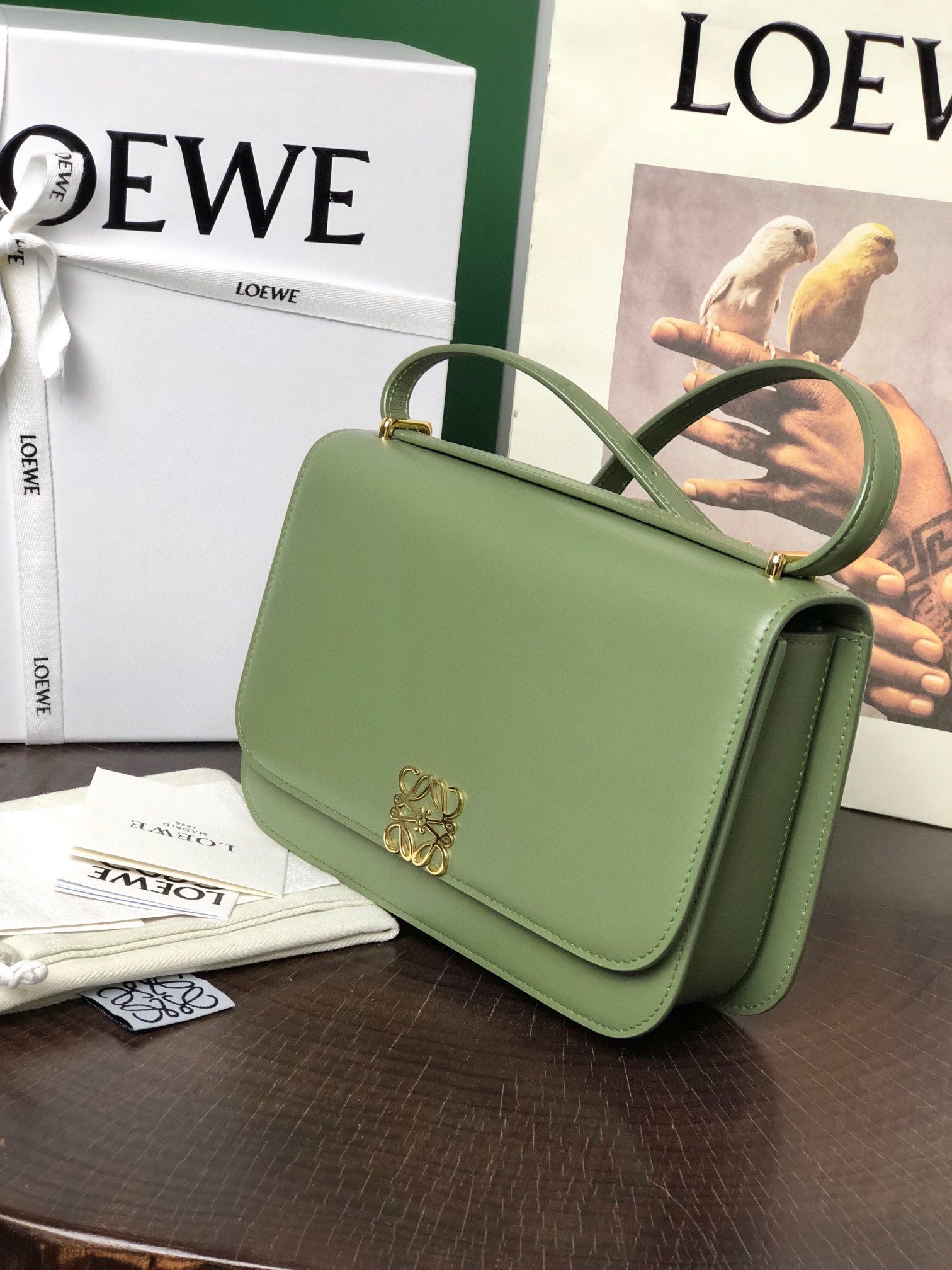 LOE GOYA BAG 23 IN AVOCADO GREEN SILK CALFSKIN mysite