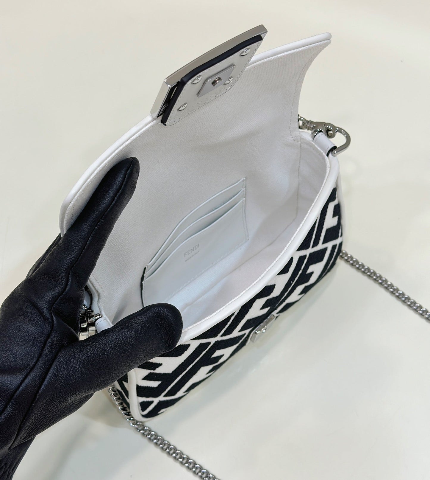 FENDI 19 BAGUETTE BAG IN BLACK MIX WHITE CANVAS WITH GOLD HARDWARE mysite