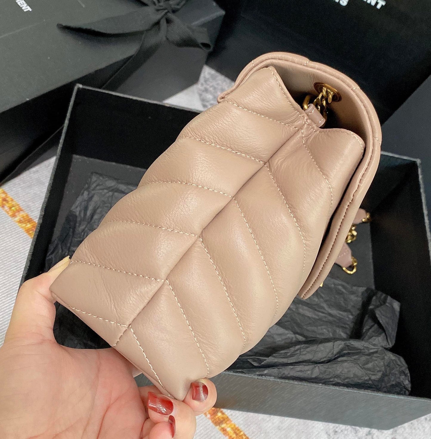 LOULOU PUFFER SMALL 25CM DARK BEIGE QUILTED LAMBSKIN mysite