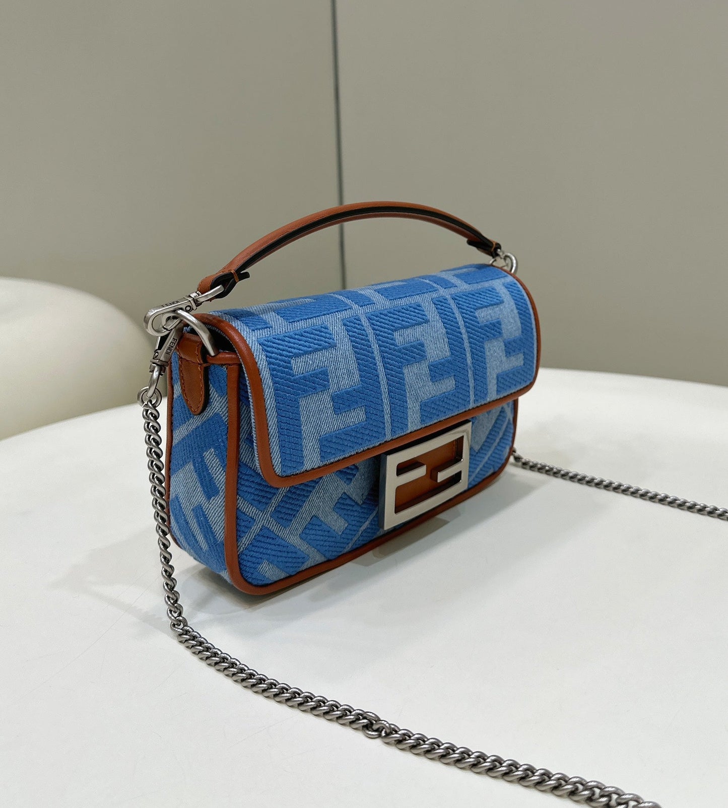 FENDI 19 BAGUETTE BAG IN LIGHT BLUE CANVAS WITH SILVER HARDWARE mysite