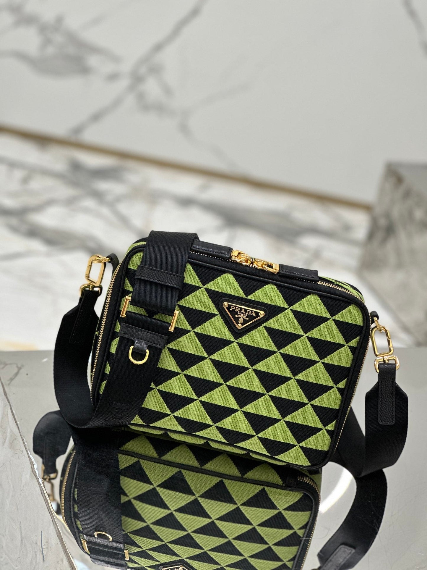 MESSENGER BAG 22 IN OCADO GREEN AND BLACK EMBROIDERED FABRIC GOLD HARDWARE mysite