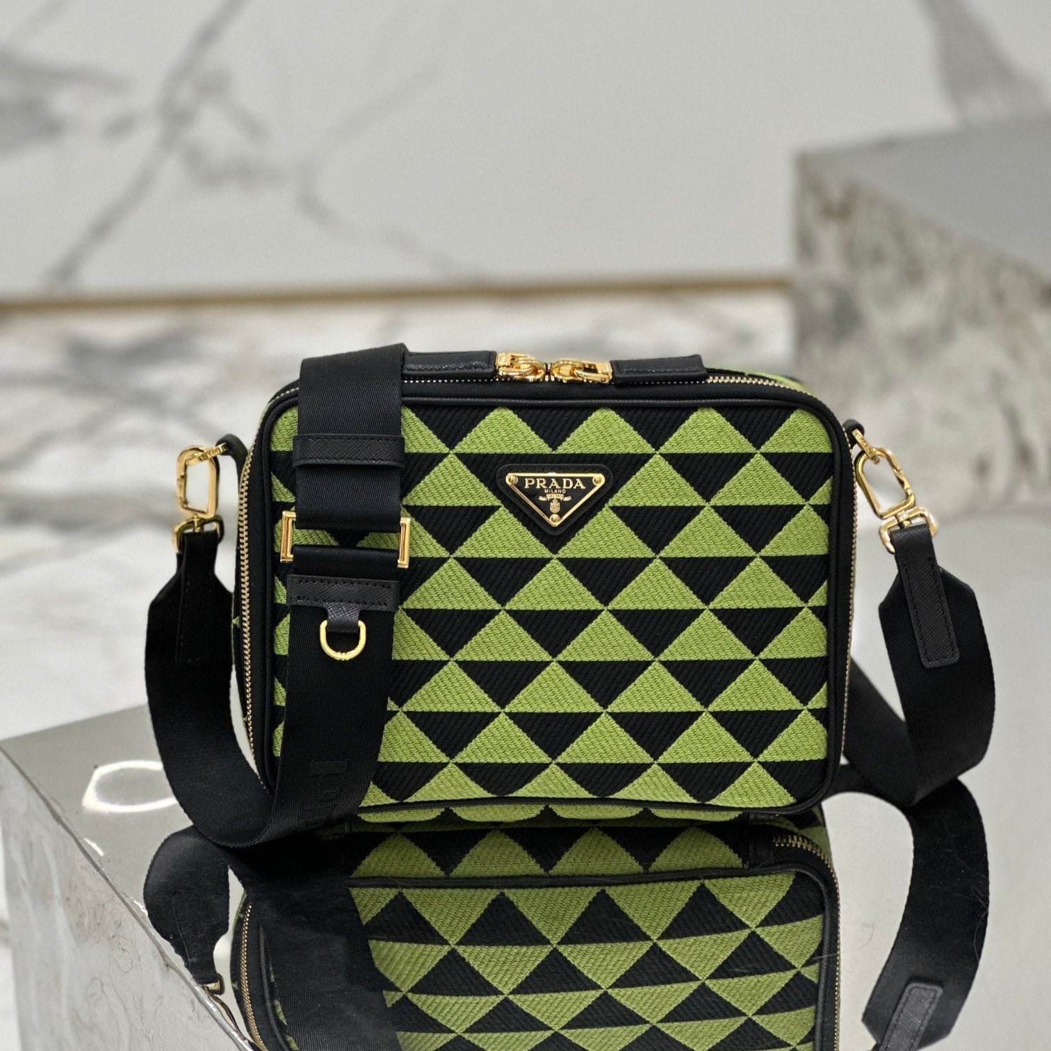 MESSENGER BAG 22 IN OCADO GREEN AND BLACK EMBROIDERED FABRIC GOLD HARDWARE mysite