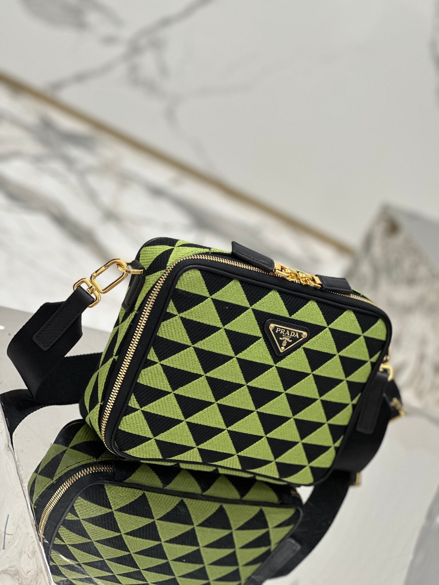 MESSENGER BAG 22 IN OCADO GREEN AND BLACK EMBROIDERED FABRIC GOLD HARDWARE mysite