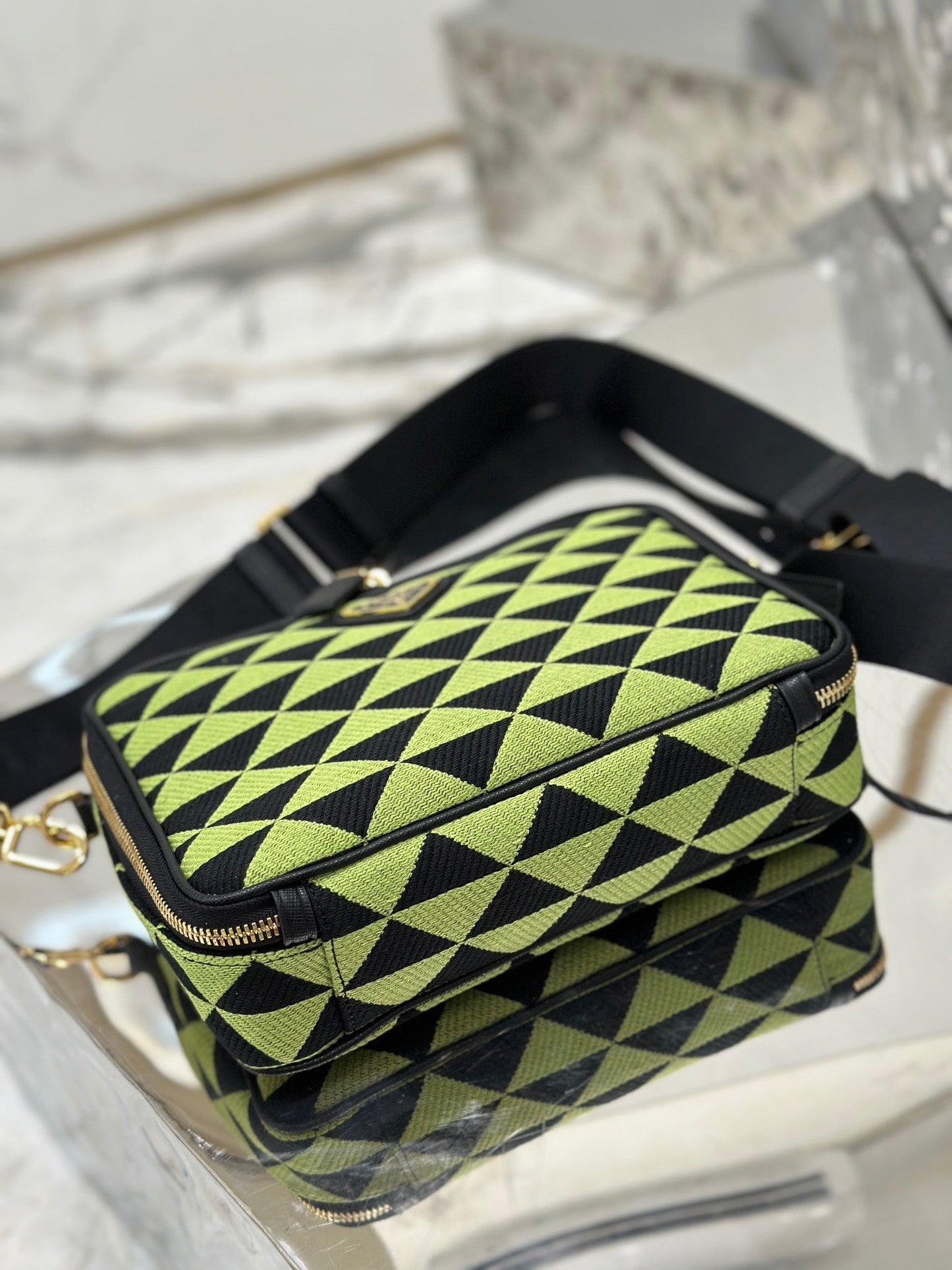 MESSENGER BAG 22 IN OCADO GREEN AND BLACK EMBROIDERED FABRIC GOLD HARDWARE mysite