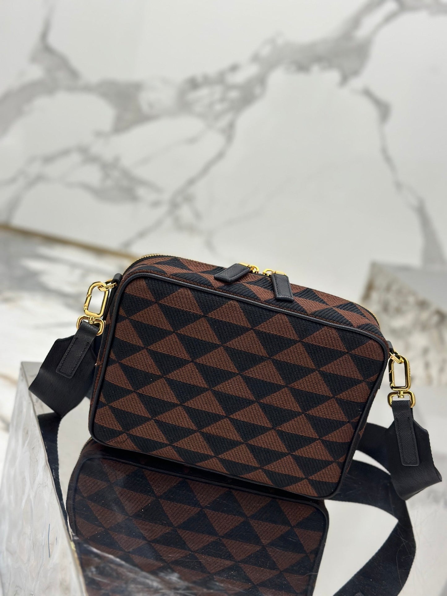 MESSENGER BAG 22 IN BLACK AND BROWN EMBROIDERED FABRIC GOLD HARDWARE mysite