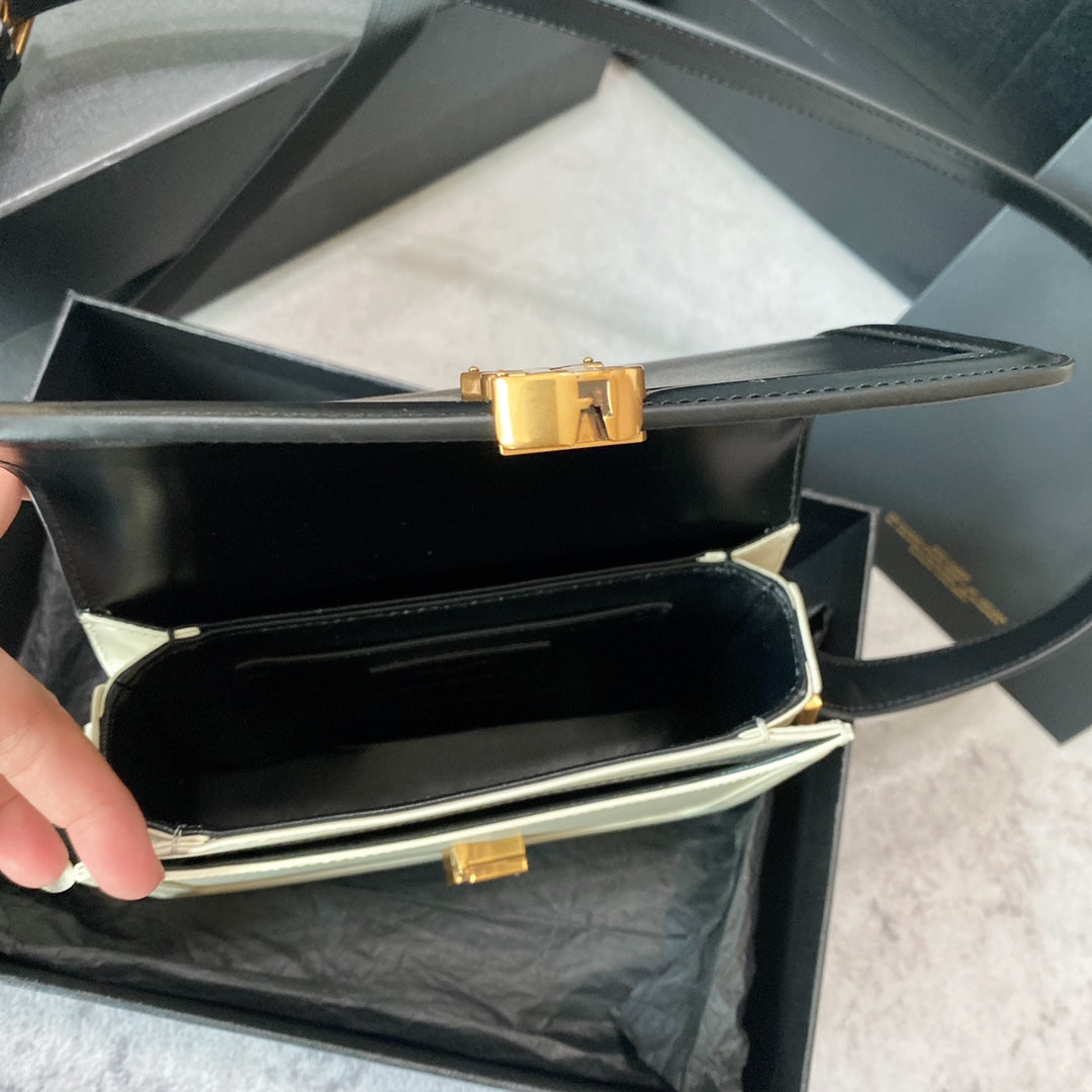 SOLFERINO SMALL SATCHEL 19 IN BLACK MIX WHITE CALFSKIN GOLD LOGO mysite