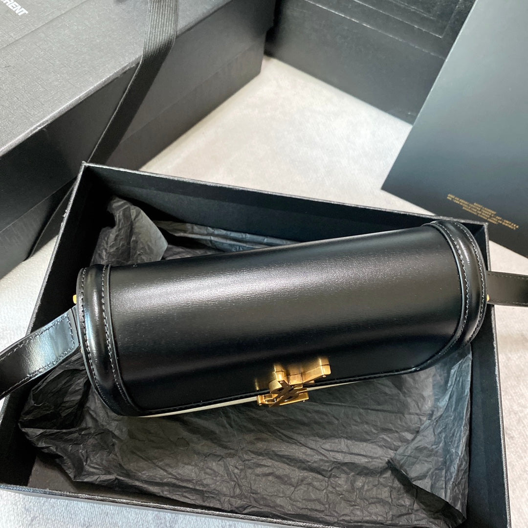 SOLFERINO SMALL SATCHEL 19 IN BLACK MIX WHITE CALFSKIN GOLD LOGO mysite