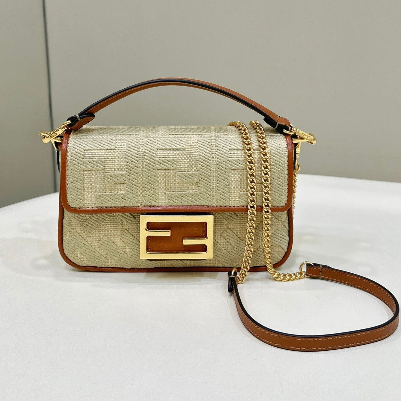 FENDI 19 BAGUETTE BAG IN FLAX YELLOW CANVAS WITH GOLD HARDWARE mysite