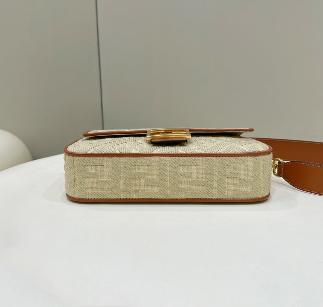 Fend Baguette Tan Beige Canvas Bag 27 with FF Embroidery Ghw mysite