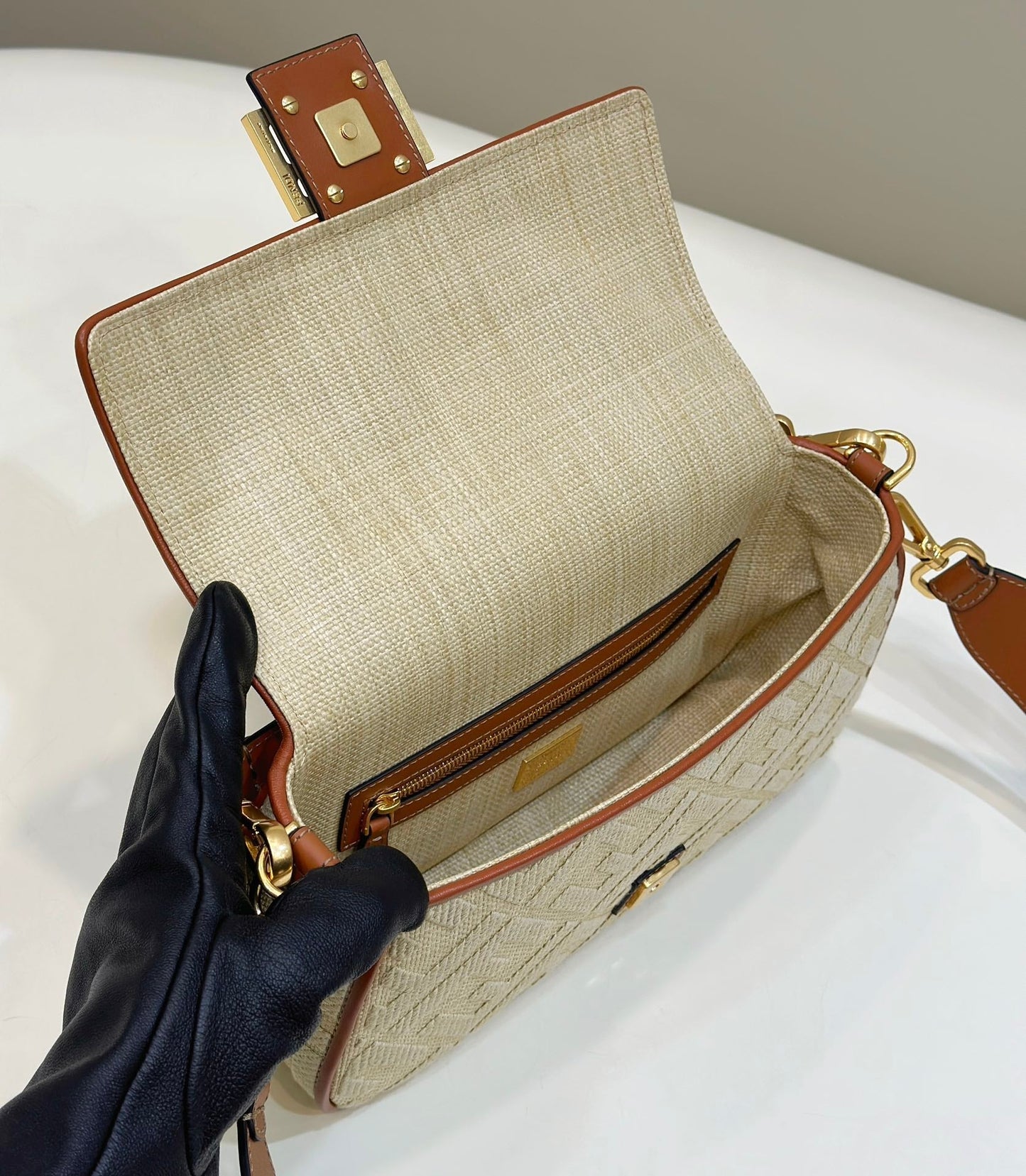 Fend Baguette Tan Beige Canvas Bag 27 with FF Embroidery Ghw mysite