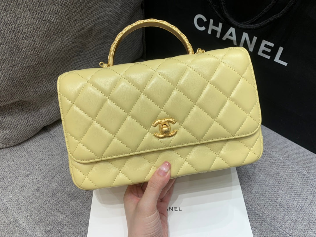 SMALL FLAP BAG 24CM TOP HANDLE LIME LAMBSKIN GOLD HARDWARE mysite