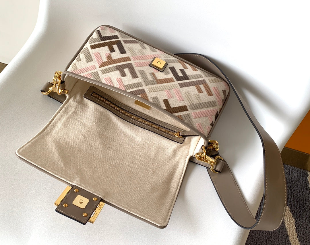 Fend Baguette White Brown and Multicolour Canvas Bag 27 with FF Embroidery Ghw mysite