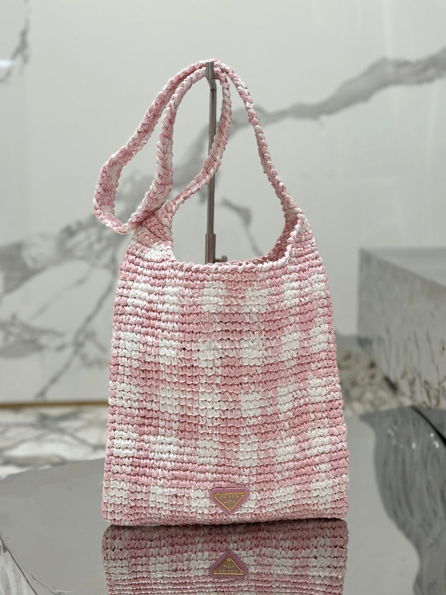 SMALL TOTE BAG 29 IN PINK MIX WHITE AND BLACK WOVEN RAFFIA mysite