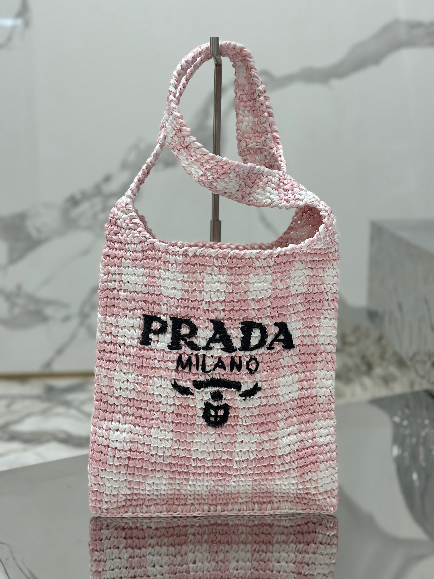 SMALL TOTE BAG 29 IN PINK MIX WHITE AND BLACK WOVEN RAFFIA mysite