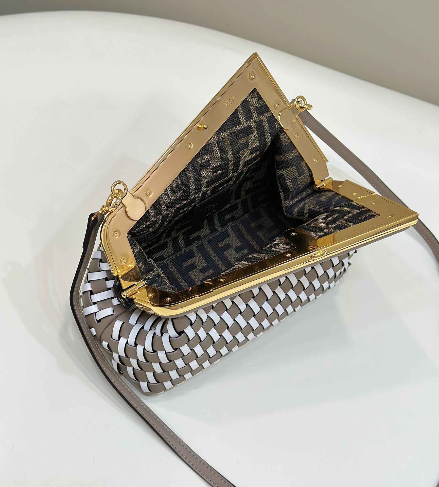 FENDI 26 FIRST SMALL IN TAN BROWN MIX WHITE CALFSKIN SILVER HARDWARE mysite